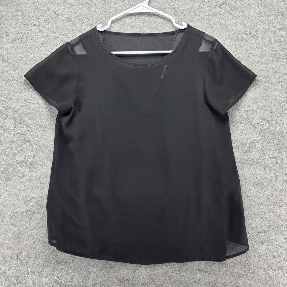 Express Blouse Womens 0 Black Short Sleeve Scoop Neck Chiffon Lined Relaxed Fit